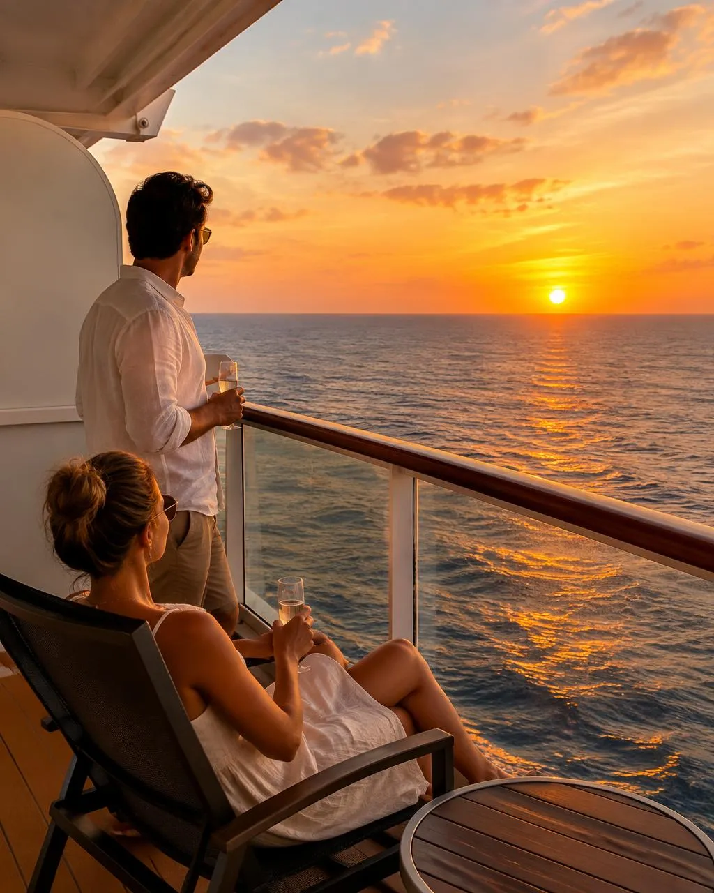 Couple enjoying a sunset from their cruise balcony