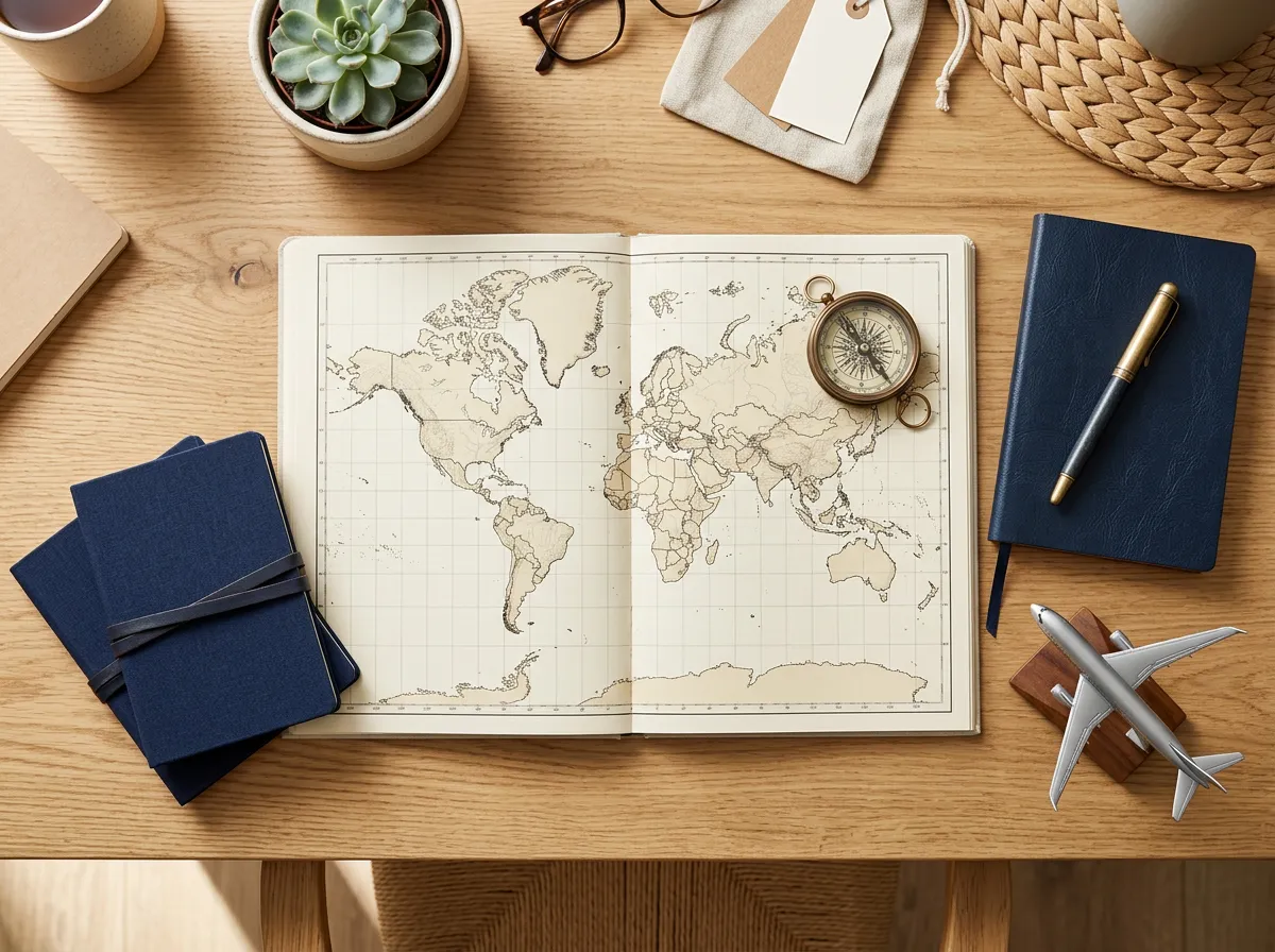 World map, passports and compass on a travel planning desk