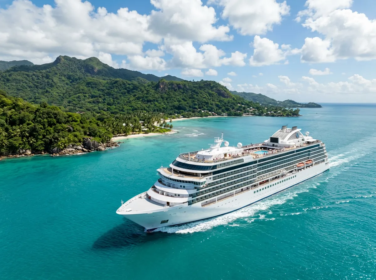 Cruise ship sailing beside a lush Caribbean island