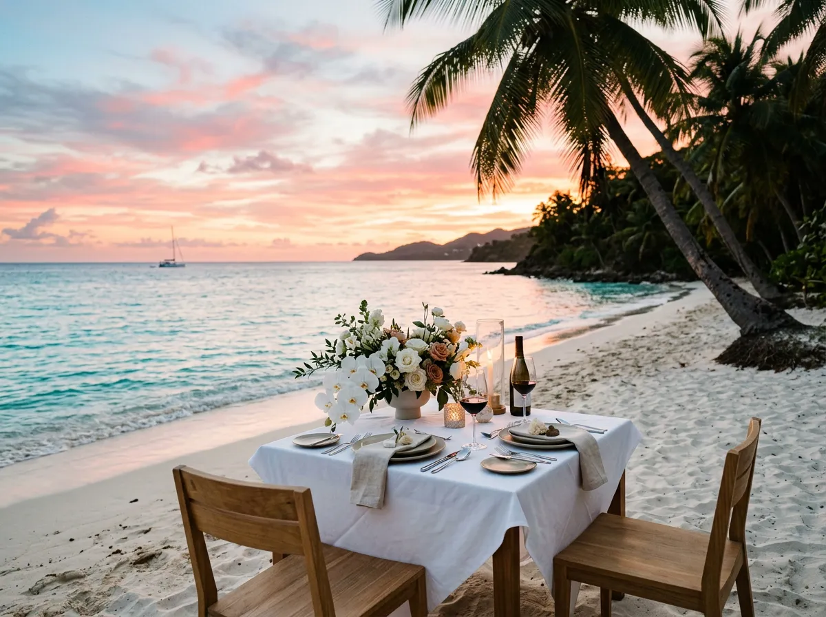 Romantic beach dinner for two at sunset
