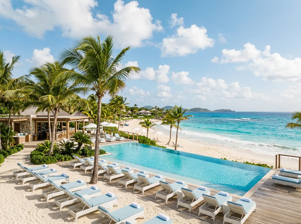 Palm-lined beachfront resort overlooking the Caribbean